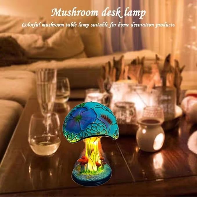 Creative Glass Resin Mushroom Table Lamp, 5.9 Inch Stained Glass Mini Night Light, Bohemian Decoration for Bedroom, Living Room, Home Office - Gifts