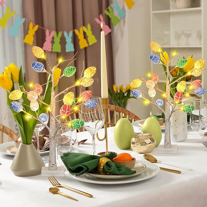 Easter Decorations 2 Pcs 24 Inch Pre-Lit White Birch Tree with 36 Eggs, 24 LED Battery Operated Tree Lights for Party, Home, Dining Table, Easter, Spring Decor