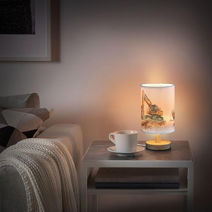 Construction Car Excavator Painting Table Lamp with Wood Base Fabric Lamp Shade Bedside Nightstand Desk Lamp for Living Room Bedroom Kids Room Office