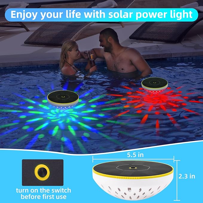 Solar Floating Pool Lights, Smart Auto ON/Off Pool Light with 6 Dynamic Lighting, IPX8 Waterproof RGB Floating Pool Solar Lights for Bathtub Garden Party (1 Pack)