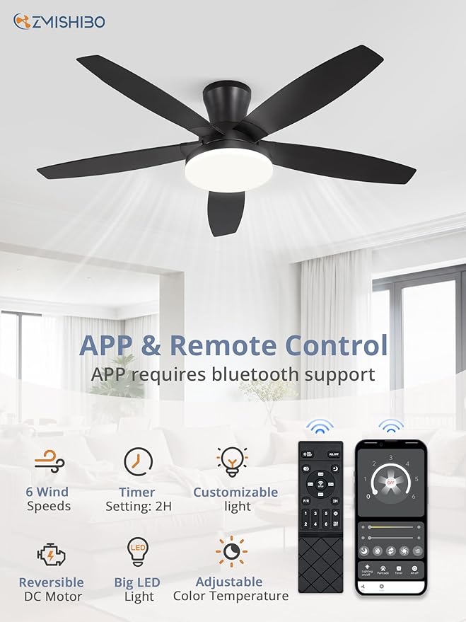 ZMISHIBO 48 inch Ceiling Fans with Lights and Remote/APP Control,Black Low Profile Ceiling Fan with Light,Quiet DC Motor,LED Dimmable, Modern Flush Mount Ceiling Fan for Bedroom Indoor/Outdoor Patio