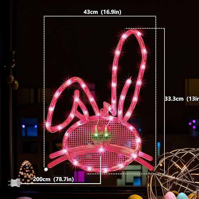 17" 40LED Lighted Pink Bunny Easter Decor - UL Certified, Soft Warm Glow, Window Decoration & Hanging Accent, Easter Party Essential, Beautiful Gift Box Packed