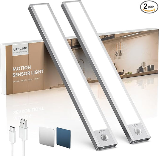 Under Cabinet Lighting Wireless, 2 Pack 11.8 inch 2200mAh 6500K Dimmable Motion Sensor Light Indoor, Rechargeable LED Under Counter Lights for Kitchen, Shelf, Stairs, Closet