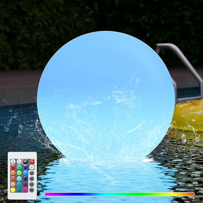FUYO LED Ball Light, 16-inch Solar Light Up Pool Balls, Rechargeable & Remote Control Globe Lights 16 RGB Colors Mood Night Light, IP66 Water-Resistant Floating Light for Pool, Party, Pond - 1pcs