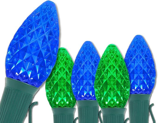 Set of 50 C7 OptiCore Blue and Green Commercial Christmas Lights – LED Outdoor Heavy Duty Bulbs on 18 Gauge Green Wire (50 ft)