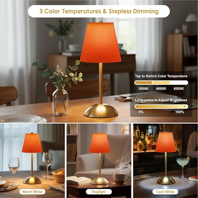 Set of 2 Cordless Table Lamps Rechargeable, 3CCT & Stepless Dimming, LED Wireless Table Lamp, Small Touch Lamp for Tabletop Bedside Patio Indoor Outdoor, 4.5" W x 11.5" H (Tangerine Orange)
