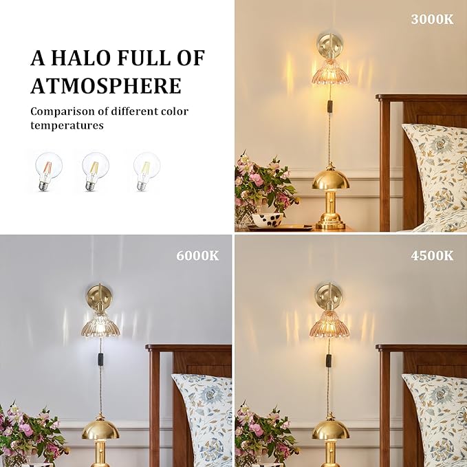 Plug in Wall Sconce Set of 2, Gold Vintage Wall Decor Lights with Amber Lily Glass Shade, Indoor Brass Corded Wall Lamp Fixture for Bedroom Living Room Bathroom Hallway