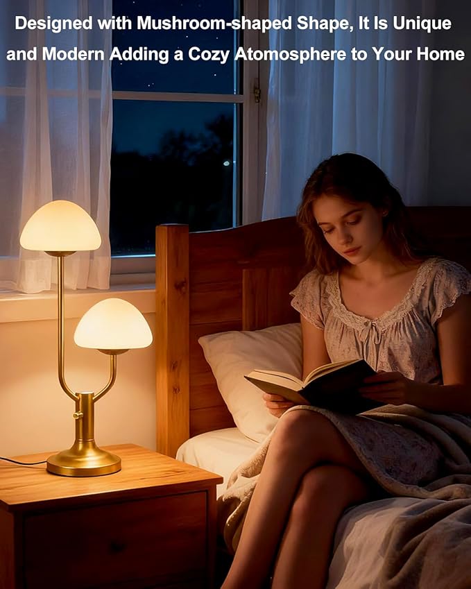 Lightdot Mushroom Table Lamp for Bedroom, Desk Bedside Small Lamps for Living Room Night Stands, Cute Modern Mid Century Lamps Dimmable with 2 LED Bulbs, Unique Aesthetic Home Decor-Gold