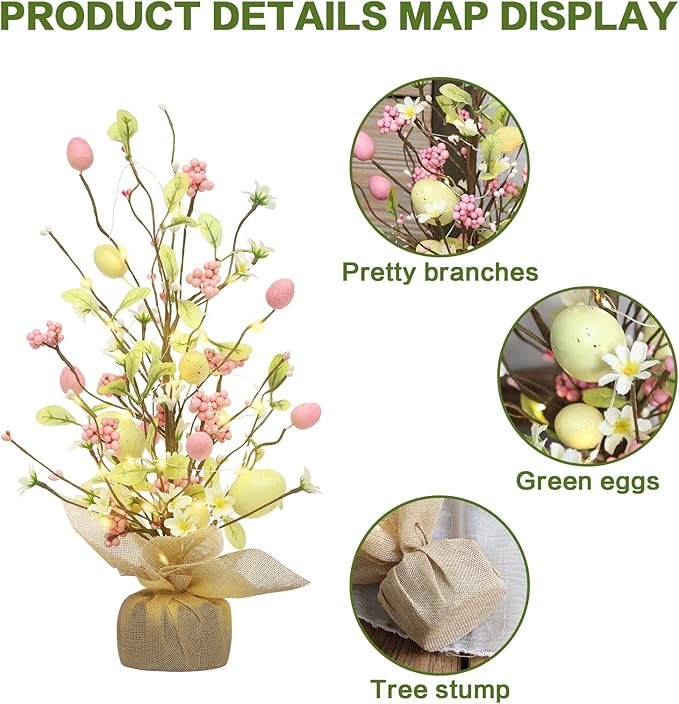 RoseCraft Easter Decorations, 18 Inch Pre-Lit Easter Egg Tree Tabletop Decor with Delicate Ornaments, for Home Party Wedding Holiday Spring Summer Decoration, Yellow/Pink.