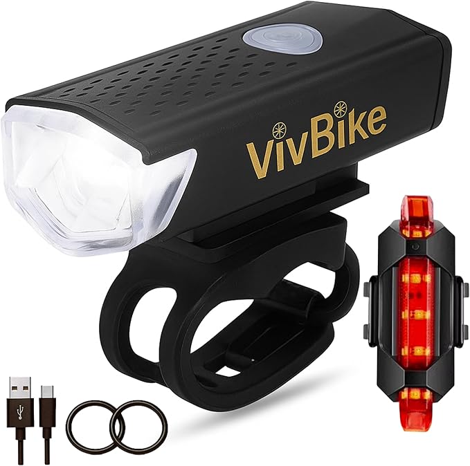 VivBike Rechargeable Bicycle Lights Bright LED Headlight and Taillight, USB Rechargeable, Waterproof, Easy Mount | A HerTime2 Brand