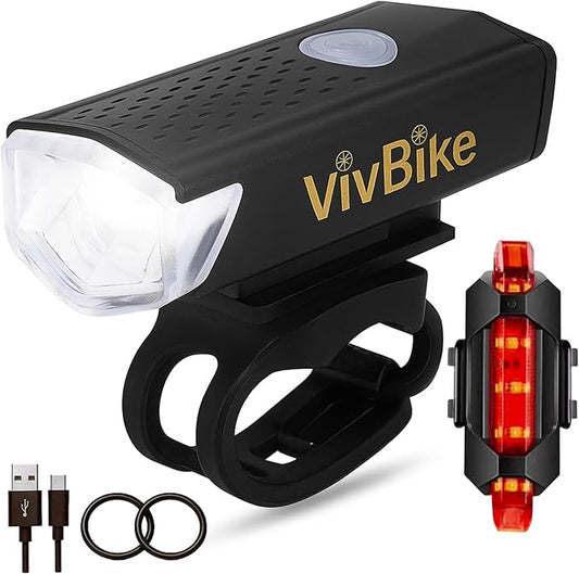 VivBike Rechargeable Bicycle Lights Bright LED Headlight and Taillight, USB Rechargeable, Waterproof, Easy Mount | A HerTime2 Brand