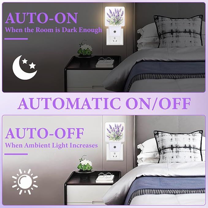 Purple Lavender Night Light,Plug-in Night Lights with Dusk-to-Dawn Sensor for Bedroom,Bathroom and Living Room Sleep Friendly lamp 0.5w