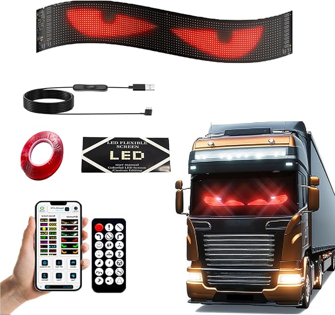 1 Pack 69.4"x7.6" LED Devil Eyes Light Sign for Cars, Truck Windshield LED Eyes, Programmable via App/Remote Control, USB-Powered Flexible Panel, Custom Dynamic Patterns for SUVs, Medium Trucks