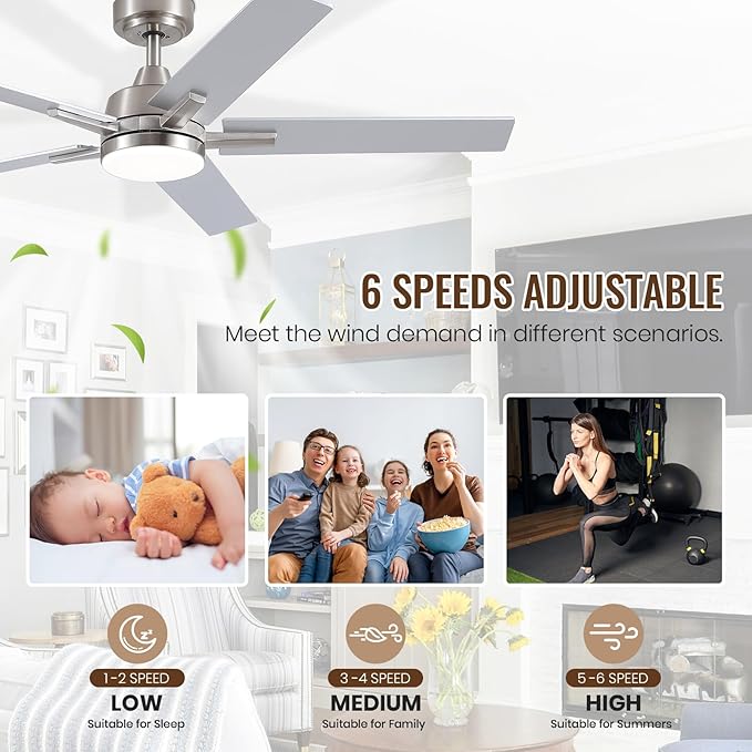 Ceiling Fans with Lights, 52 inch Nickel Ceiling Fan with Light and Remote Control, Reversible, 3CCT, Dimmable, Noiseless, Small Ceiling Fan for Bedroom, Indoor/Outdoor Use
