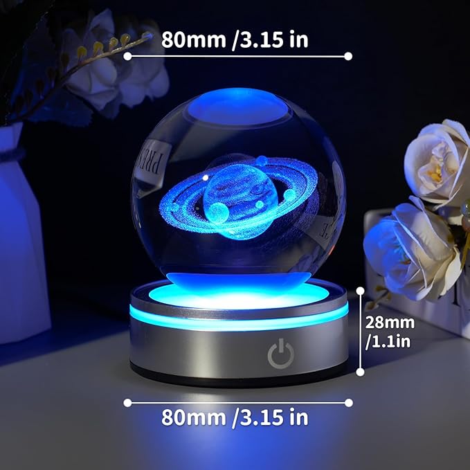 3D Saturn Crystal Ball Night Light with LED Colorful Lighting Touch Base 3.15 In Saturn Planet Glass Sphere Lamp for Birthday Christmas, Astronomy Space Universe Home Decor Gifts for Women Men Kids