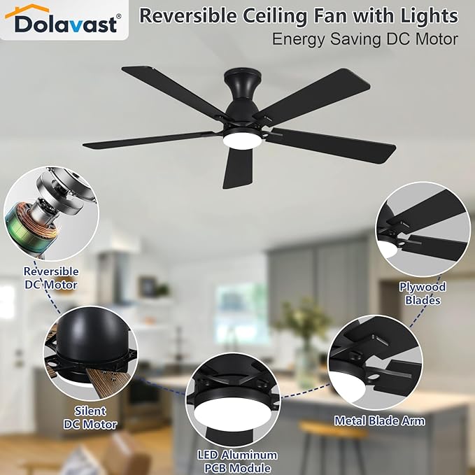 Ceiling Fans with Lights, 60 Inch Low Profile Ceiling Fan with Light and Remote Control, Flush Mount, Reversible, 3CCT, Dimmable LED, Quiet, Black Ceiling Fan for Bedroom, Living Room