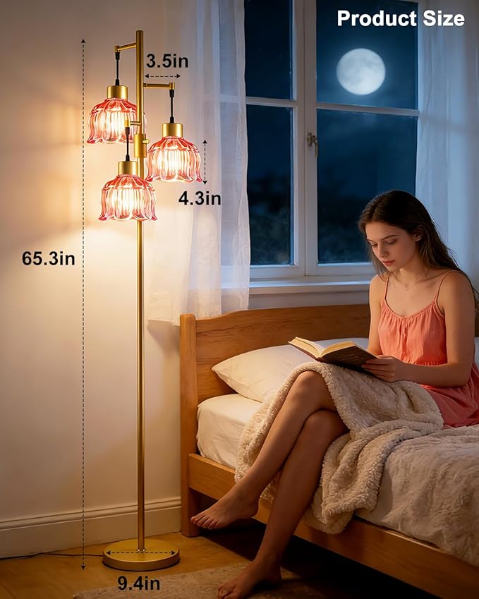 Lightdot 3-Light Flower Floor Lamps, 65'' Dimmable Floor Lamp with Rose Red Glass Shade& E12 Bulbs Included, Mid Century Standing Lamp for Living Room/Bedroom/Sofa Beside/Corner Decor-Gold