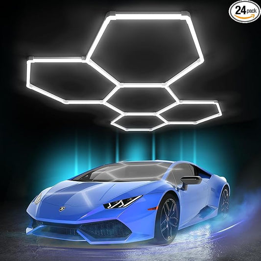 Hexagon Garage Lights: 168W 5 Grids LED Garage Lights - Easy Install 6500K Super Bright Honeycomb Light for Workshop Warehouse Car Detailing Shop Exhibition Hall Gym