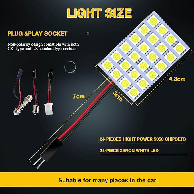YM E-Bright 5-Pack White 5050 24SMD Led Panel Dome Light Lamp Auto Car Reading Interior Lamp DC 12V With T10 / BA9S / Festoon Adapters