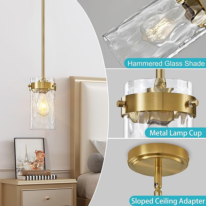 4.72" Hammered Glass Pendant Lighting for Kitchen Island 1 Pack, Modern Brushed Gold Pendant Light Fixtures, Adjustable Ceiling Pendant Light for Kitchen Island Dining Room Bedroom Hallway