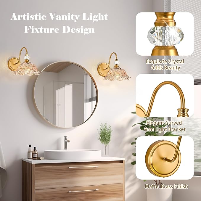 1 Piece Vintage Wall Sconce with Floral Amber Glass Shade, Matte Brass Finish Wall Sconce for Bathroom,Vintage Bathroom Vanity Light Fixture