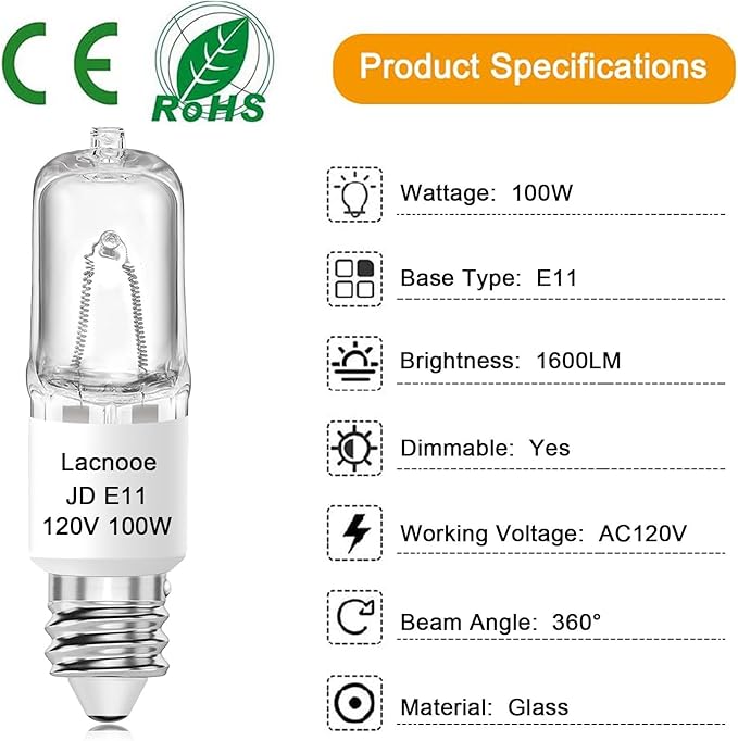 JDE11 120V 100W Halogen Light Bulbs (Replacement E11 LED Bulb), T4 Mini Candelabra Base, 2700K Warm White Dimmable JD E11 Bulb for Chandeliers, Ceiling Fan, Table Lamps, Cabinet Lighting, 4 Pack