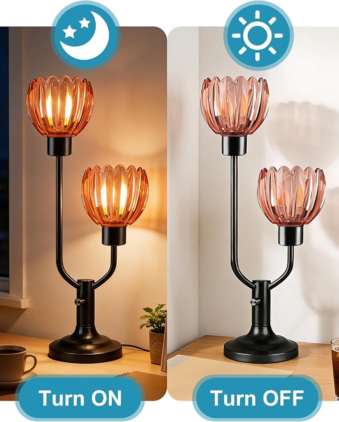 Lightdot Mid Century Modern Glass Table Lamp Black Dimmable U-Shaped Desk Lamps with Deep Red Lotus Glass Shade& 2Pcs 3000K Warmwhite Bulbs Included Bedside Nightstand Lamp for Living Room Bedroom