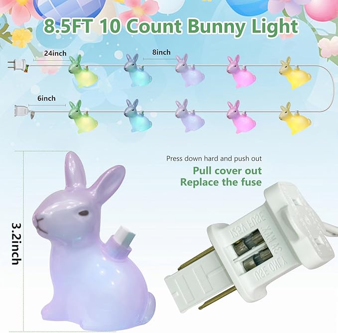 Easter Rabbit String Lights, 8.5ft 10 Count Multicolor Bunny Lights White Wire, UL Certified Connectable, Cute Easter Decorations for Home Indoor Outdoor Spring Party