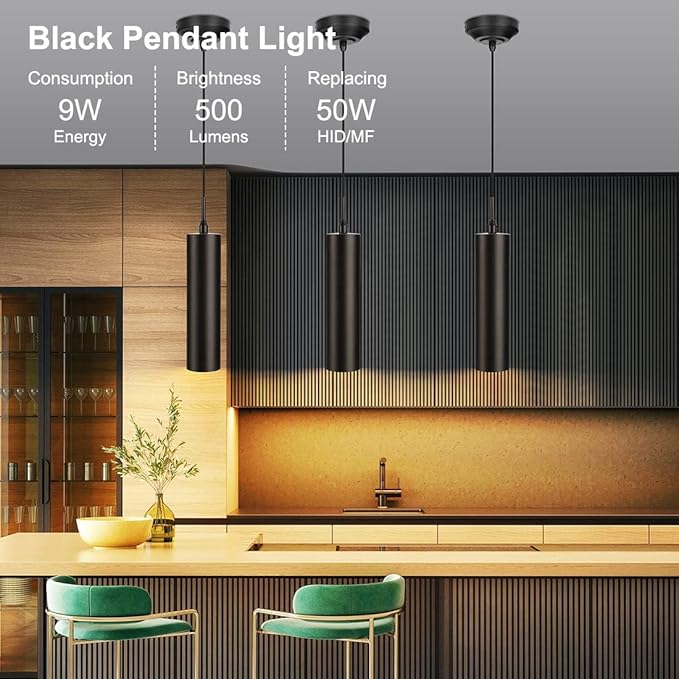 DAKASON Black Pendant Light, LED Modern Pendant Light Fixture for Kitchen Island, Adjustable Rope Hanging Ceiling Lamp for Dining Room, Bar Restaurant, Living Room, Hallway (3Pack)