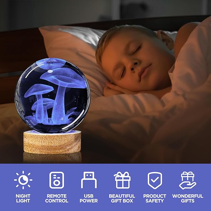 3D Crystal Ball Night Light with Wooden Base, Mushroom Glass Ball Lamp with 16 Colors and Remote Control - Cool Desk Decor Gift for Kids and Friends