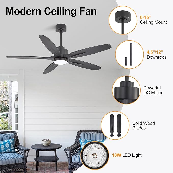 WINGBO 54" Ceiling Fan with Light - 5 Carved Solid Wood Blades, 6-Speed Reversible DC Motor, Dimmable, 3CCT, Noiseless Remote Control Ceiling Fans with Lights for Bedroom Living Room, Matte Black