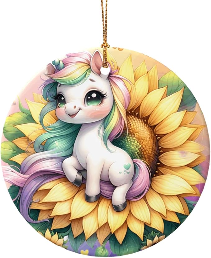 Cartoon Unicorn Sunflower Christmas Ornaments, Christmas Decorations Xmas Tree Hanging Ornaments, Round Ceramic Festive Keepsake Gift for Xmas Decorations Holiday Home Decor