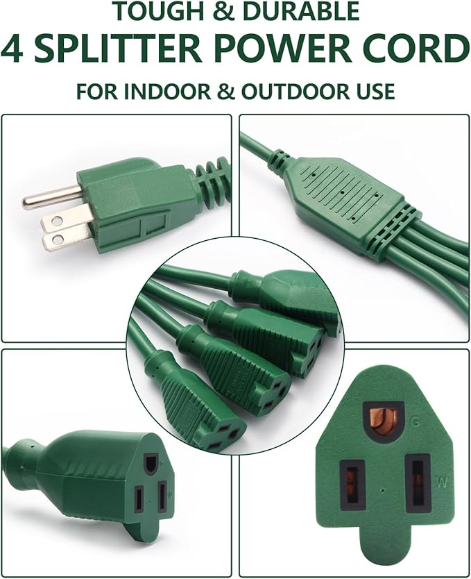 Extension Cord Splitter,4 Plug Splitter,14AWG SJTW 15A 1875W 14/3-Gauge 2.3FT Power Splitter, 4 Way 3 Prong 1 to 4 Plug Power Cord Splitter, Heavy Duty Cable, Green, for Indoor or Outdoor Use.
