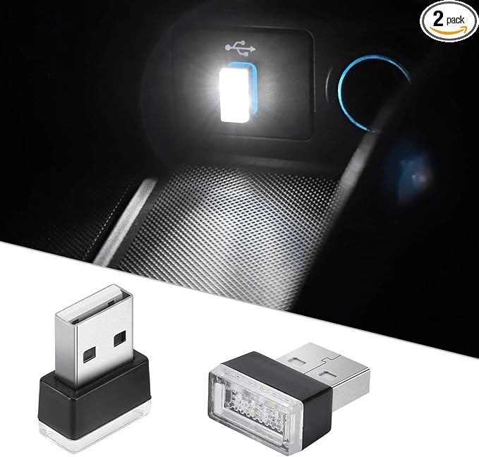 2 Pcs USB LED Car Interior Atmosphere Lamp, Night Light Led Decoration Light Ambient Lighting Kit Interior LED Lights, Portable Vehicle Ambient Lighting Kit for All Car Interior Accessories (White)