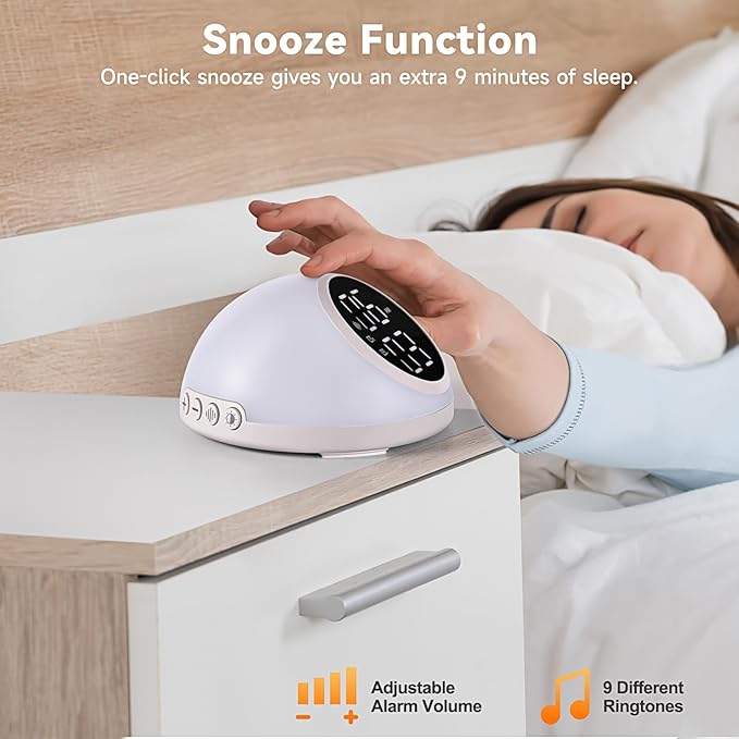 Alarm Clocks Bedrooms Sleep Sounds, Digital Dual Alarm Clock Bedroom, Bedside Alarm Clock Adjustable Brightness Button/App Control Night Light White Noises 12/24H Up to 10 Alarms, White