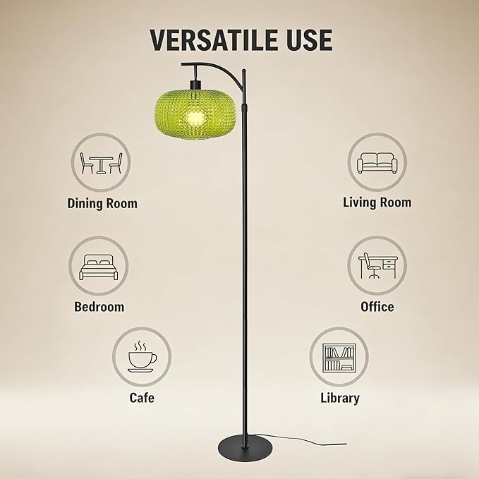 Floor Lamp for Living Room with Green Glass Shade, Modern Standing Lamp with Remote Control, Black Dimmable Tall Lamp for Bedroom Office with 12W LED Bulb