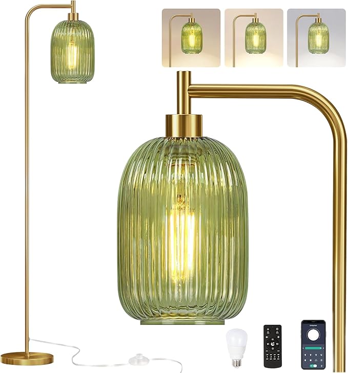 Floor Lamp for Living Room,Bedroom,Gold Dimmable Standing Lamp with Remote,Mid Century Modern Brass Tall Lamp Retro Vintage Green Glass Lamp Floor Light Boho Bohemian