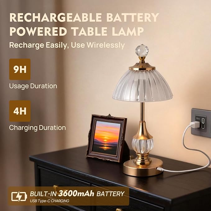 Vintage Gold Crystal Rechargeable Lamp Cordless, LED Touch Battery Operated Table Lamp, 3 Colors Dimmable Portable, Modern Home Decor, Bedroom, Bedside, Living Room, Kitchen, Pumpkin