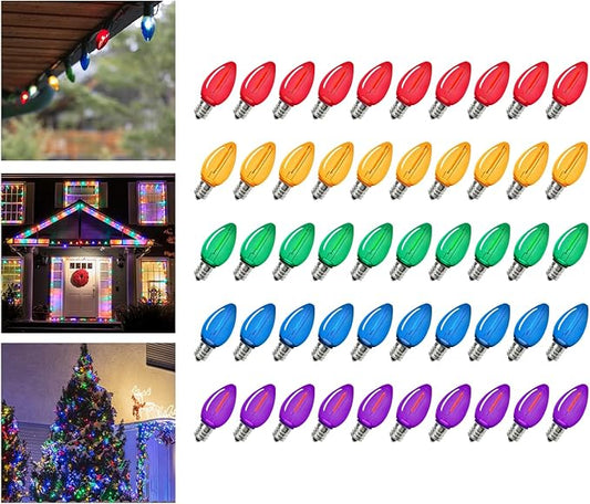 KGC 50Pack C7 Christmas Light Bulb, C7 Shatterproof LED Bulbs for Christmas Outdoor String Lights, 0.6W 7W Incandescent Equivalent 50LM, E12 Base Commercial Grade Holiday Bulbs - Multicolor