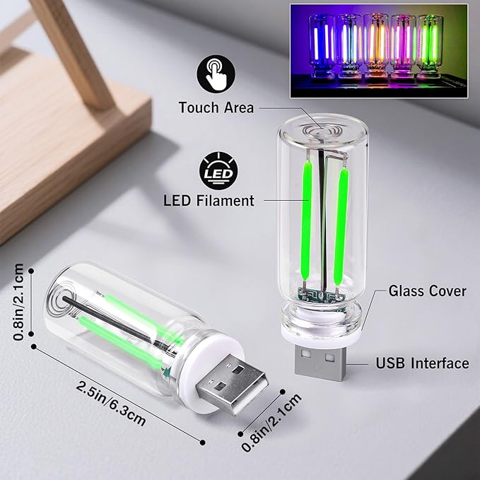 2PCS Car USB Night Light Touch Dimmable LED Filament Lamp, USB Plug-in Mini Glass Bottle Night Light DIY Mood Lamp Atmosphere Lights for Automotive Vehicle Bedroom Hallway Camping Decoration, Green