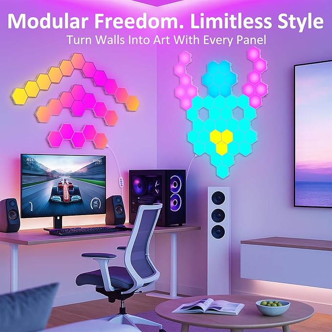 Hexagon LED Light Panels 8 Pack – Smart RGB Wall Lights with APP & Remote Control – Music Sync Modular Gaming Lights for Bedroom, Living Room, Wall Decor