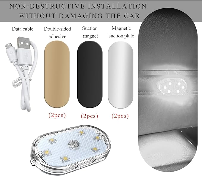 2 PCS Car LED Lights Interior Wireless, Magnetic Car Ambient Lighting with 6 Bright LED Lamp Beads, Portable USB Rechargeable Vehicle Interior Led Night Light for Car (White)
