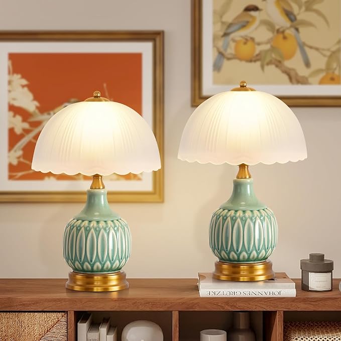 Table Lamps Ceramic Retro Lamp for Living Room,16" Modern Bedside Nightstand Traditional Lamps, Classic Chinoiserie Green Glass Lamp for Home (Retro)