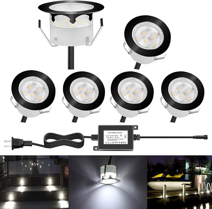 Deck Lights Outdoor Waterproof Low Voltage Lighting Kit Stainless Steel 1W Outdoor Yard Garden Decoration Lamps Landscape Pathway Patio Step Stairs Black Border(6pcs,Cool White)