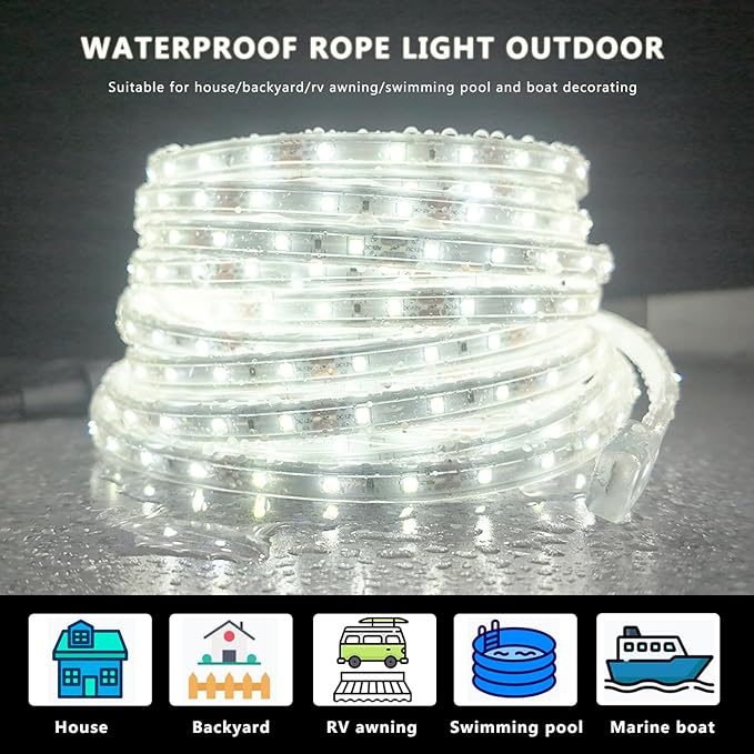 33ft Outdoor LED Strip Lights Waterproof, 600 LEDs 12V Rope Lights, White Flat and Flexible Rope Lighting for Outside, Dimmable Light Strip Indoor for Bedroom, Not Tube Light