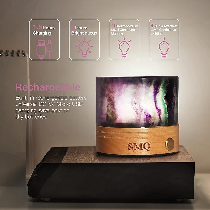SMQ Rainbow Fluorite Crystal Night Light with USB Charging Port,Handmade Polished Natural Stone Cylindrical Touch Night Lamp with Wooden Base for Living Room,Shelf,Office