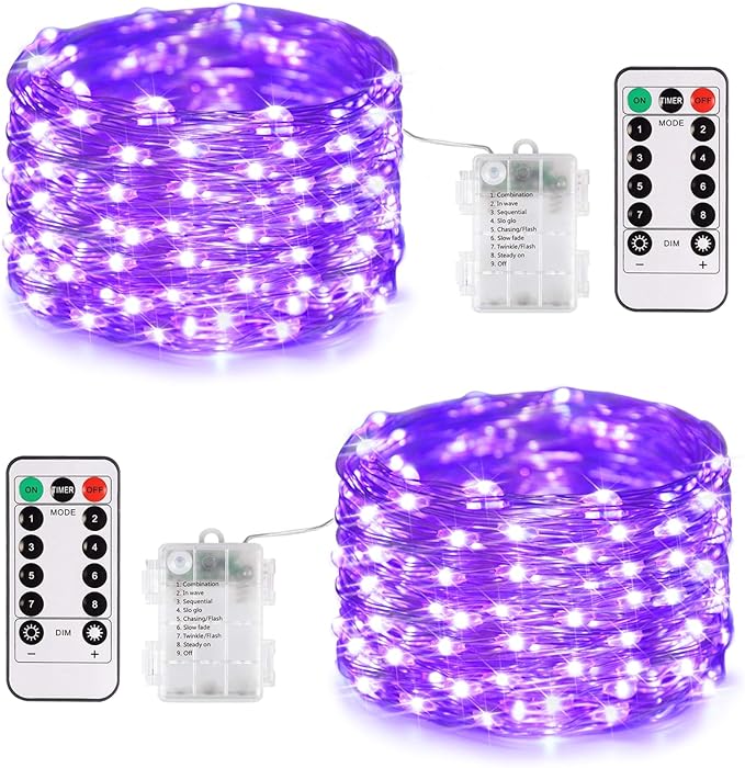 JMEXSUSS 2 Pack Halloween Fairy Lights Battery Operated, Total 200 LED 66ft Purple Christmas Lights with Remoter, 8 Modes Twinkle String Lights Light for Halloween Tree Indoor Outdoor Decorations