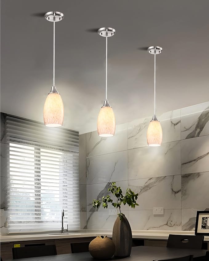 Milk Mini Glass Pendant Lights,Blown Art Glass Pendant Hanging Light Fixtures Kitchen Island Pendant Lamp Shade with Brushed Nickel Finish for Bar Counter,Hallway,Dining Room-3Pack