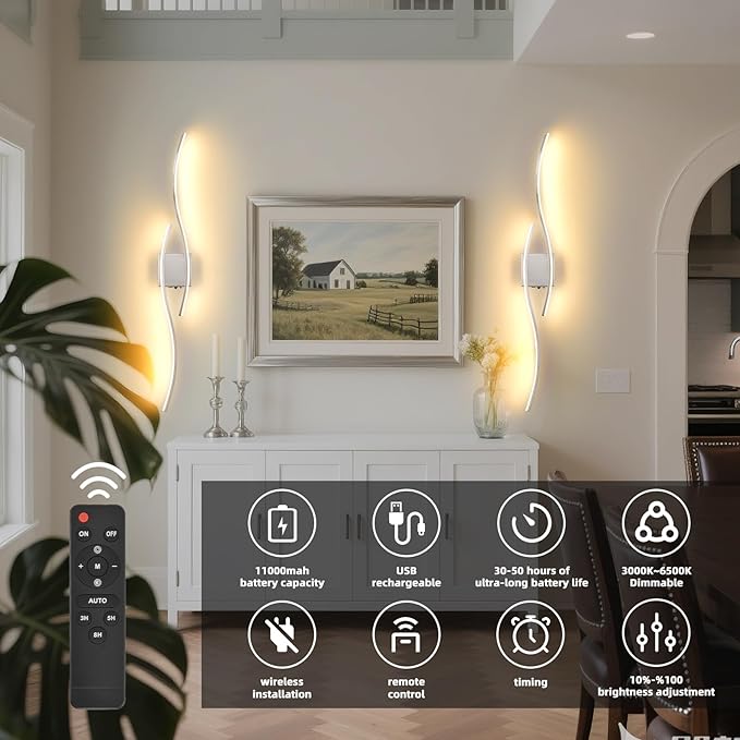 Battery Powered Wall Sconces Set of 2, Chrome 39" LED Dimmable Wall Sconce with Remote Control/Timer/Memory, USB Rechargeable Wall Lights for Living Room, Bedroom, Hallway Wireless scones Lighting