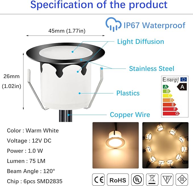 LED Outdoor Deck Lights with Photocell, Φ1.77in Warm White 10 Pack Black, Low Voltage 12V DC IP67 Waterproof, Electric Wired Recessed Stair Step Riser Landscape Lighting for Outside Floor Yard